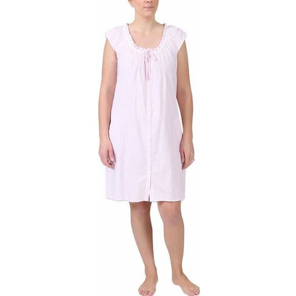Miss Elaine Intimates Pink and White Tie Pleated Striped Nightgown Size Medium - Picture 1 of 3